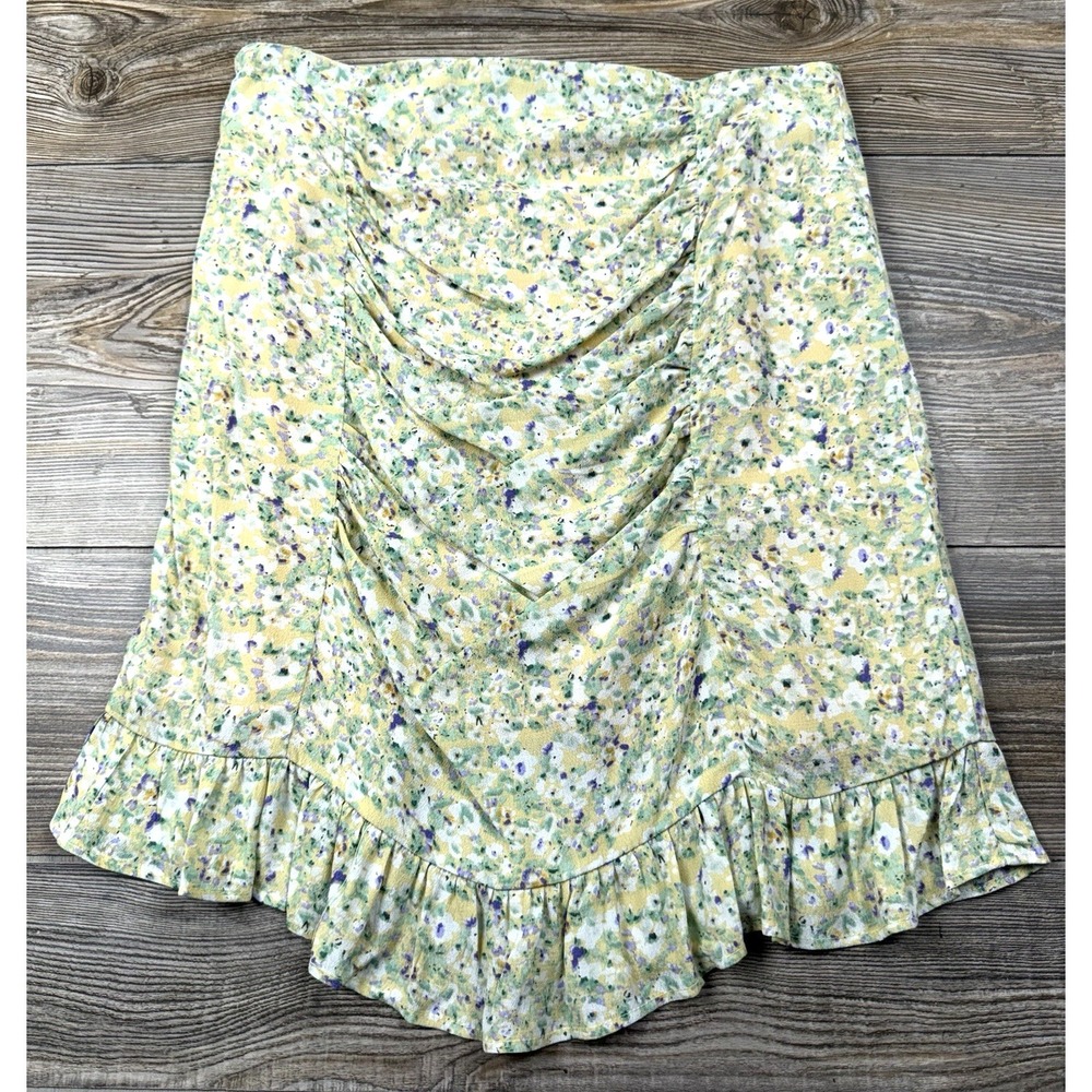 Paper Crane‎ Floral Ruched Mini Skirt Green/Yellow S Boho Cottagecore Y2K Lined